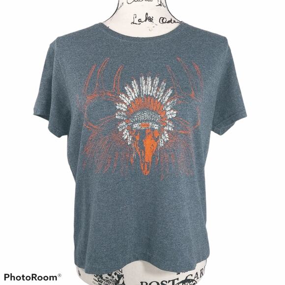 Cabelas Blue Crop Top Deer Skull Headdress Size L - Picture 1 of 5